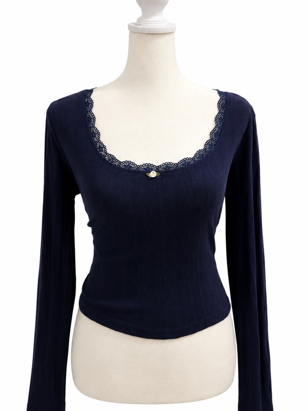 Women's Navy Lace-Trim Long Sleeve Top x2
